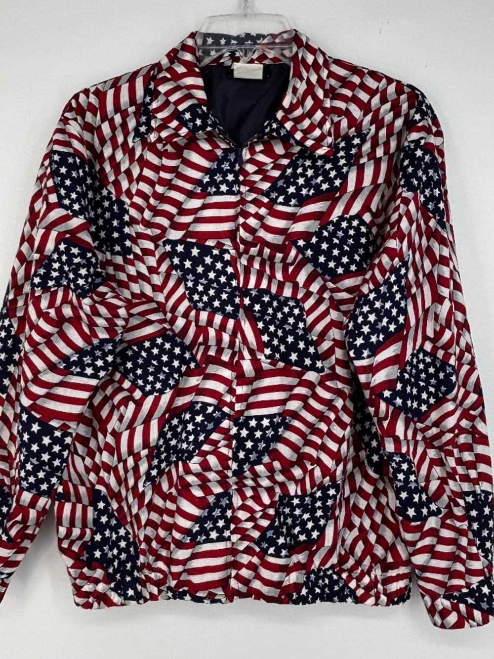 Tapestry Womens Small Zip Front Jacket 100% Cotton Blue Red White USA Flag Print